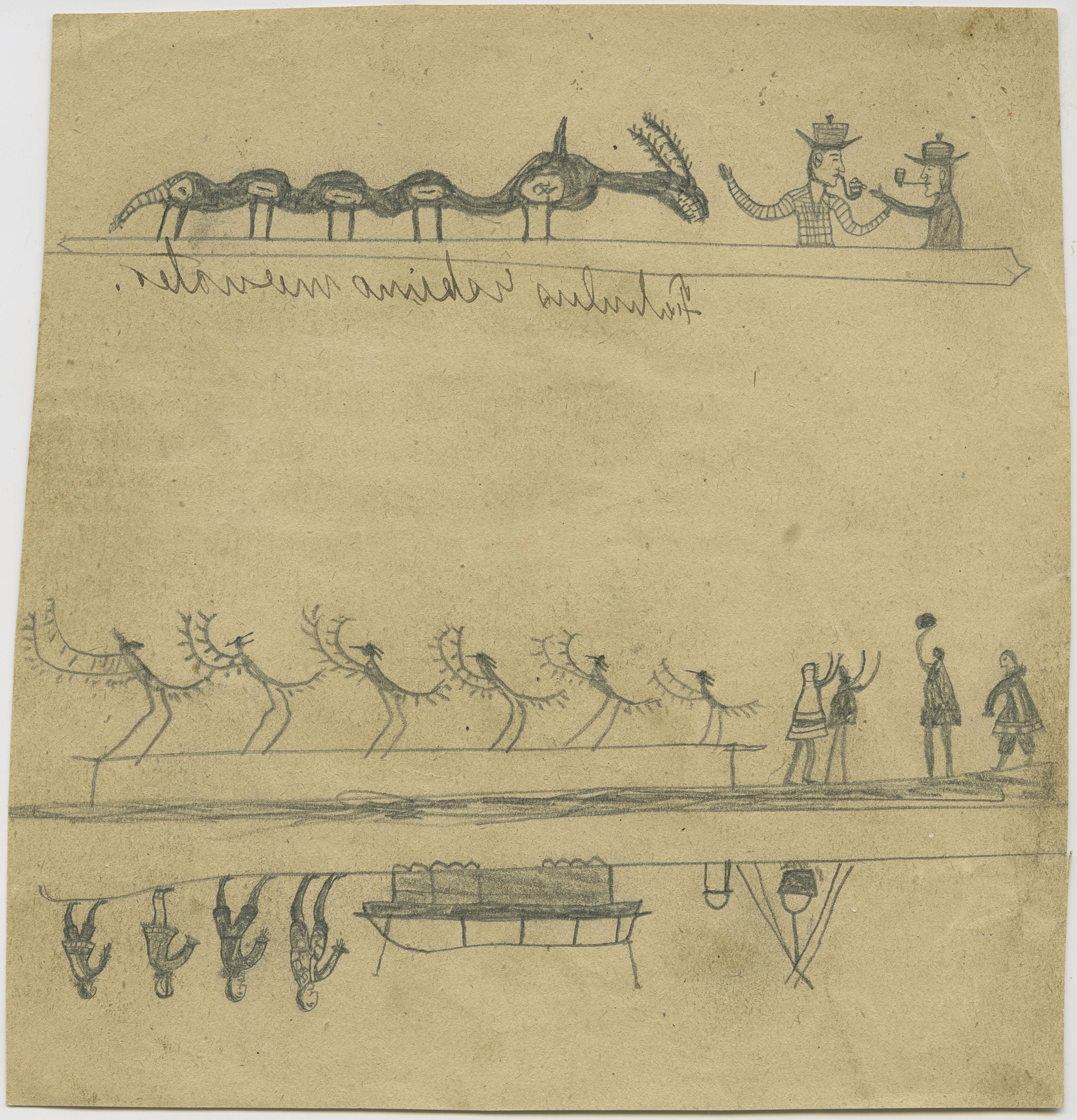 Unidentified Iñupiat Artist, Fabulous Eskimo Monsters, and Fabulous Eskimo Monster/four men with sledge and cooking fire/row of six birds, Siuġaq (Cape Prince of Wales), Alaska, 1892-1893. Graphite on paper. Museum purchase, Thornton Collection. 