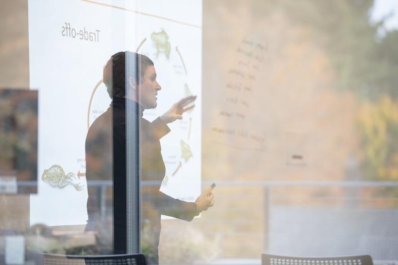 Faculty teaching a class as seen through a window reflection