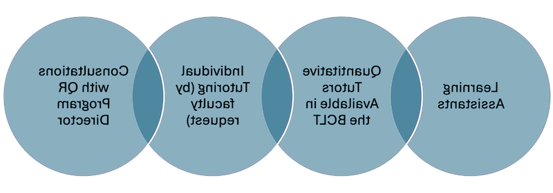 Venn diagram with text that says: learning assistants, quantitative tutors, available in the BCLT-individual tutoring (by faculty request, consultation with QR program director