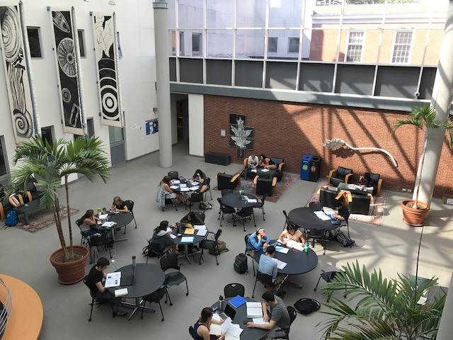 Overhead view of students studying at tables in Druckenmiller atrium