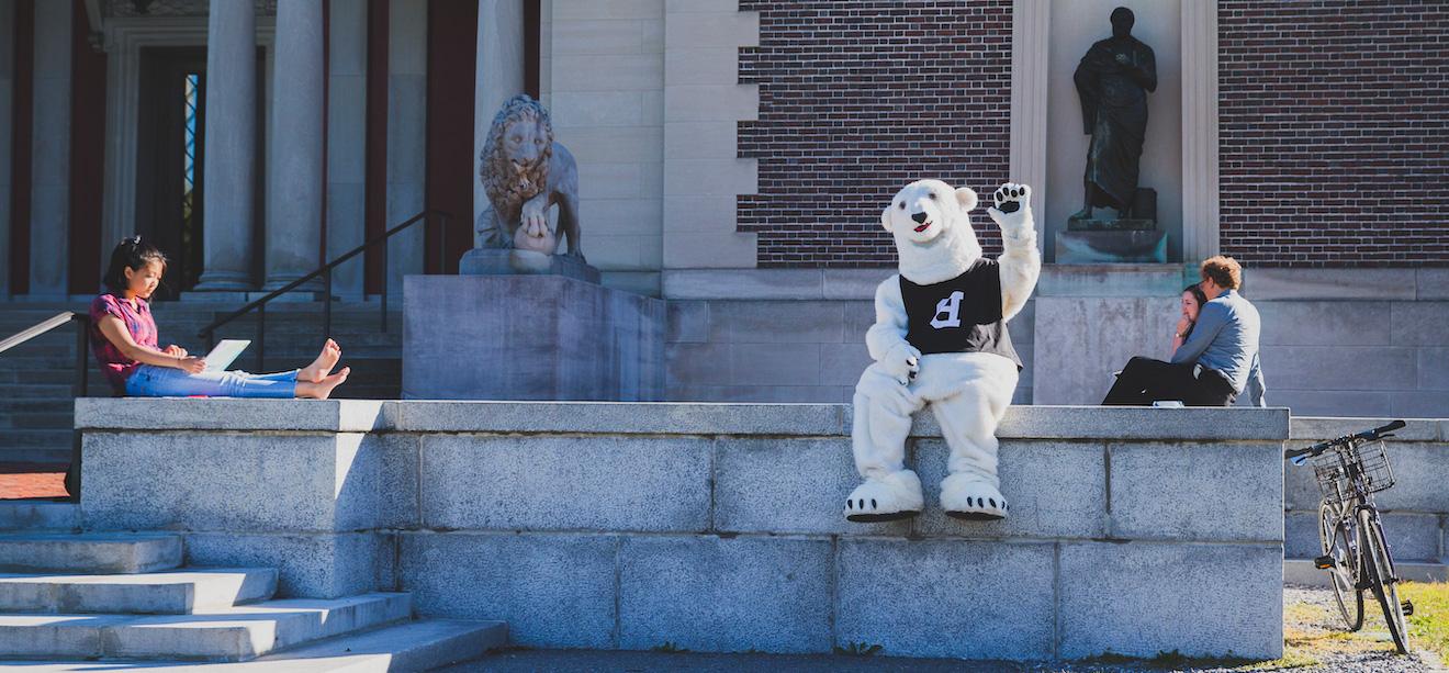 Bowdoin polar bear mascot on the steps of the Museum