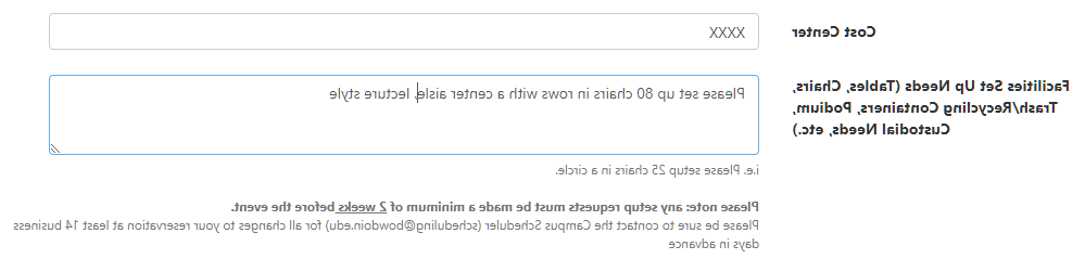 Image of Campus Groups page requesting information on setup needs for a reservation