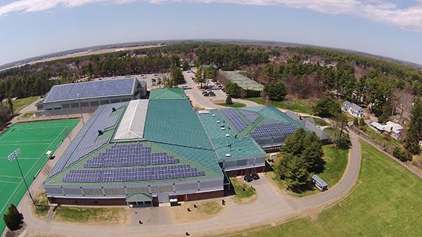 aerial image of solar panels on Bowdoin College buildings